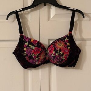 Floral Push-Up Bra - Black with Pink & Purple Flowers